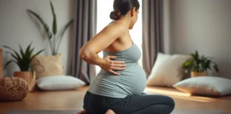 Pregnant woman practicing gentle stretches on a yoga mat to relieve tailbone pain